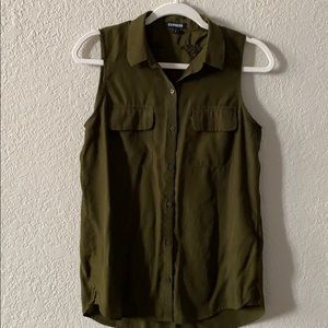 Express olive colored sleeveless button up blouse.